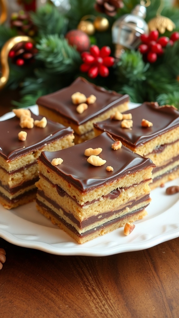 A plate of Christmas Nut Cake squares with chocolate glaze and nut garnish, surrounded by holiday decorations.